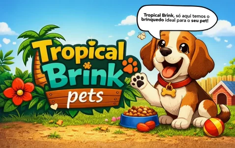 Ilustração da marca Tropical Brink Pets: o mascote, um filhote de beagle sorridente, ao lado do nome da marca e do slogan